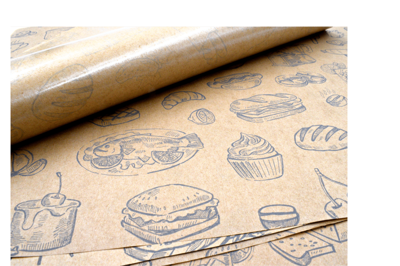 Papier do pakowania żywności z PE, ryza35x40 cm, 10 kg, brąz z nadrukiem